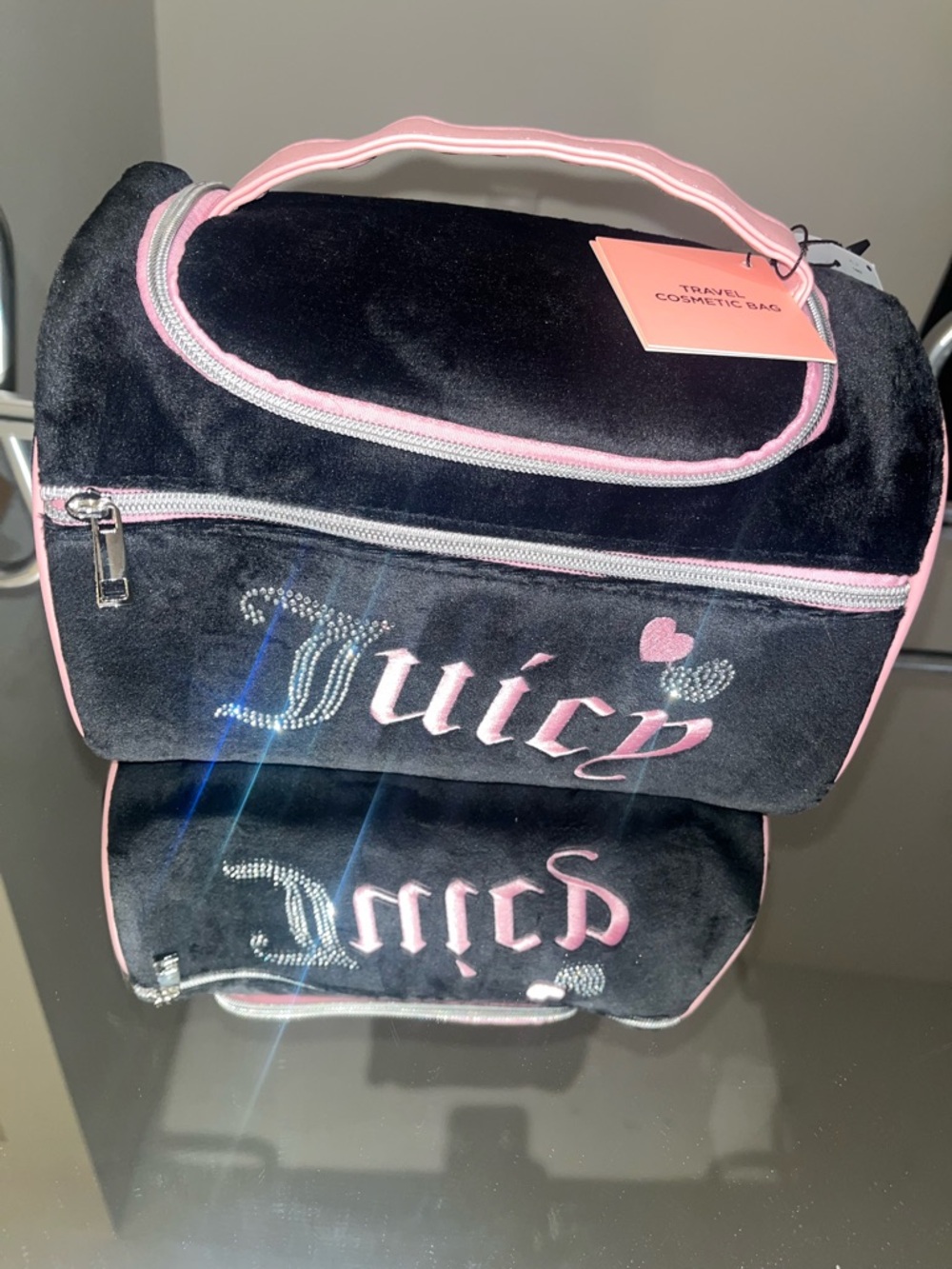 Juicy Couture Black and Pink Velour Cosmetic Travel Case
